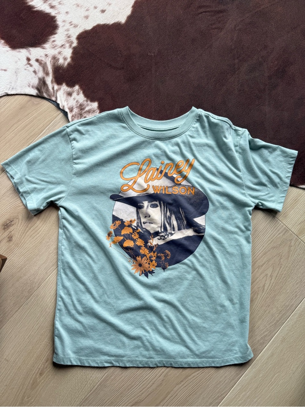 Lainey Wilson Graphic Tee for Kids - Light Blue with Orange Accent